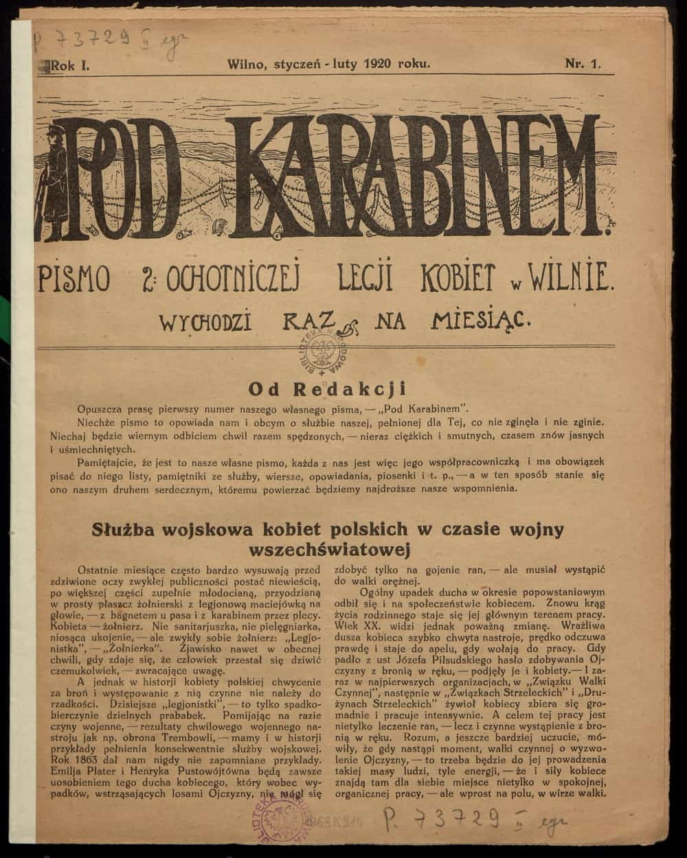 Pod karabinem: pismo 2 Ochotniczej Legii Kobiet w Wilnie (1920). Źródło: Polona
