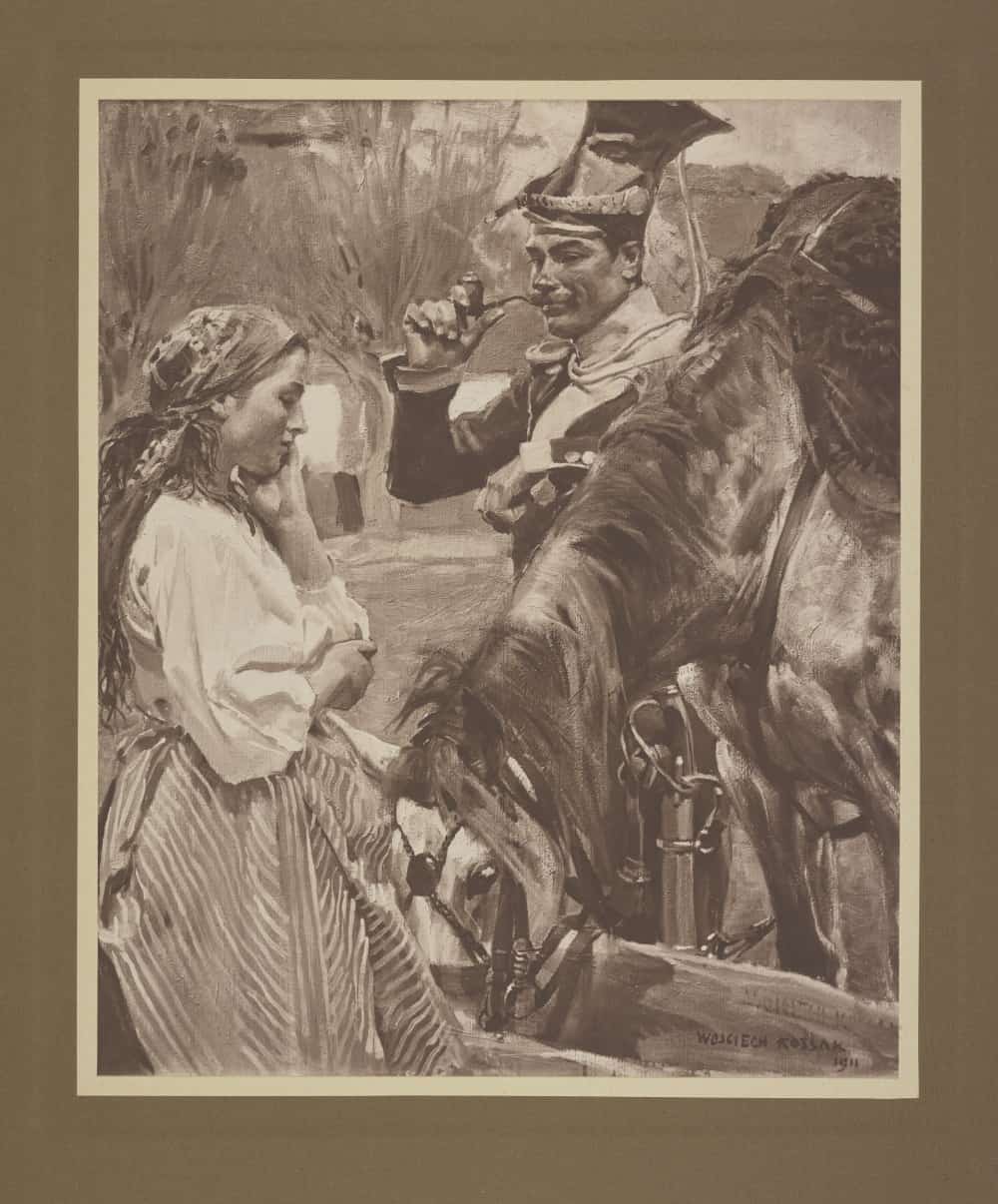 Ułan z fajką pojący konia, fotografia obrazu w. Kossaka z 1911 r. Mundur ułana z czasu Królestwa Kongresowego i Powstania Listopadowego. Źródło: Polona