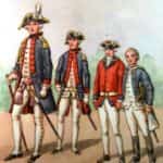 Rysunek B. Gembarzewskiego przedstawiający korpus kadetów 1770 r. Od lewej: oficer w mundurze zwyczajnym letnim, kadet w mundurze paradnym, kadet w ubiorze codziennym, kadet - nowicjusz w ubiorze paradnym.