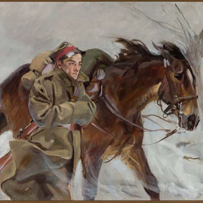 ilustracja do utworu Idzie żołnierz borem lasem obraz Żołnierz z koniem autorstwa Wojciecha Kossaka