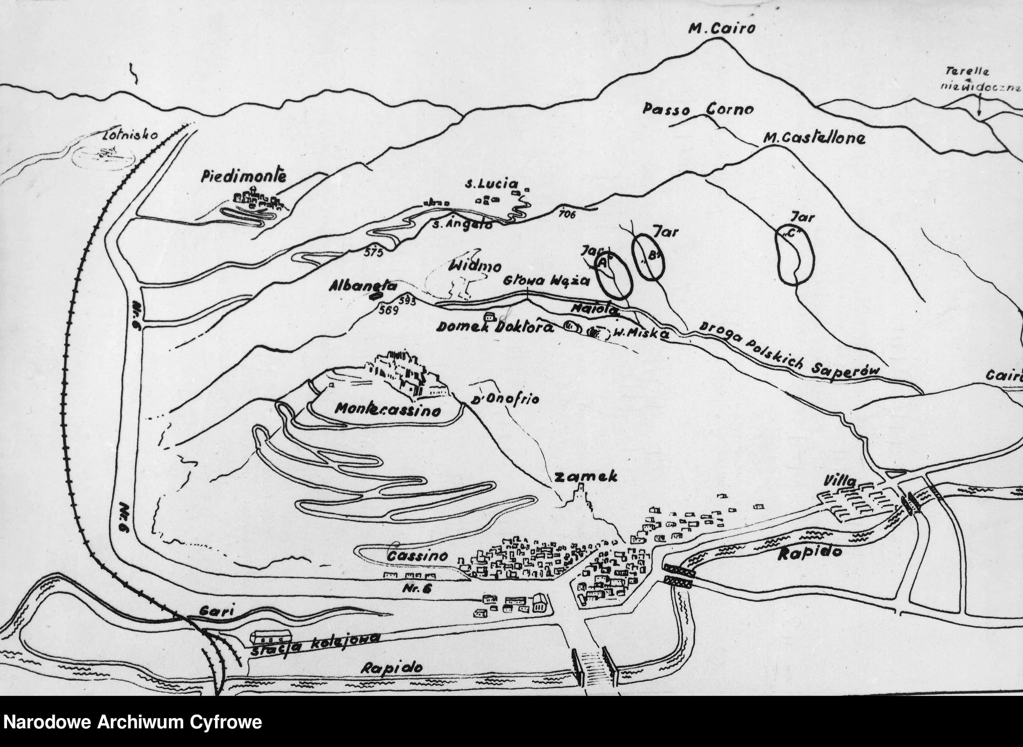 Pole bitwy o Monte Cassino na rysunku sytuacyjnym. Ze zbiorów NAC