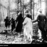Zbrodnia w Palmirach. Niemieccy policjanci prowadzą na egzekucję grupę polskich kobiet. Ze zbiorów Narodowej Agencji Cyfrowej