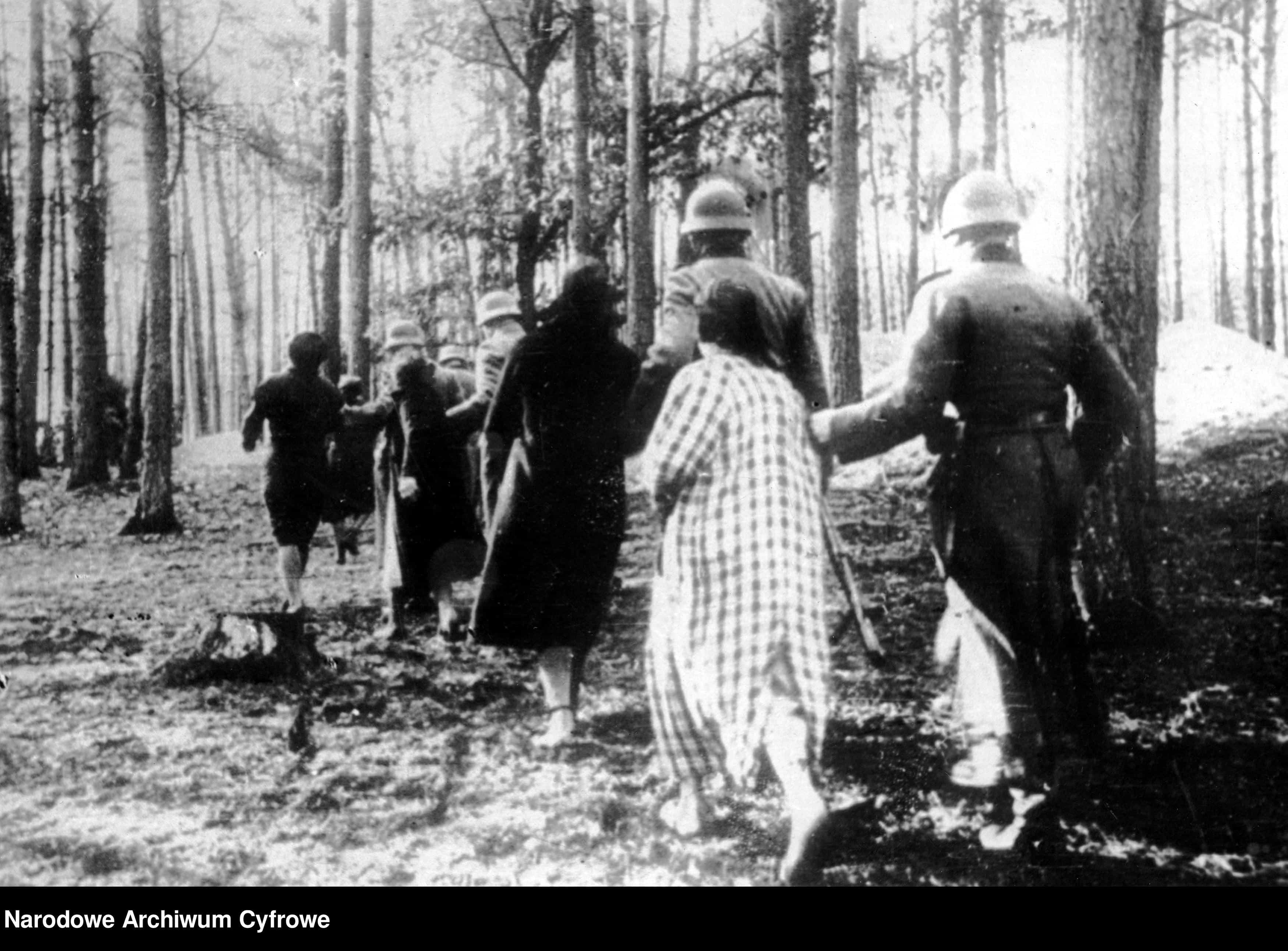 Zbrodnia w Palmirach. Niemieccy policjanci prowadzą na egzekucję grupę polskich kobiet. Ze zbiorów Narodowej Agencji Cyfrowej