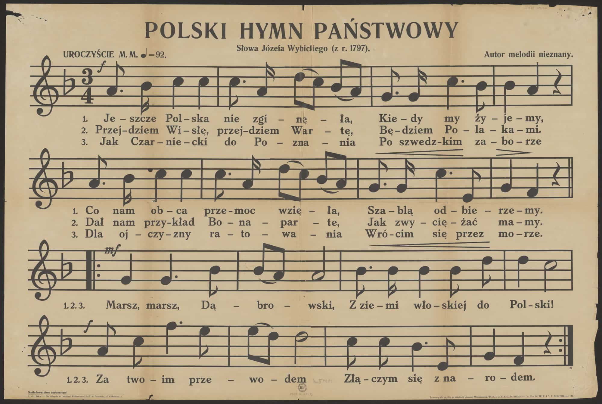 Notes of the national anthem in the variant of the title “Poland has not yet perished” from 1934. Source: Polona