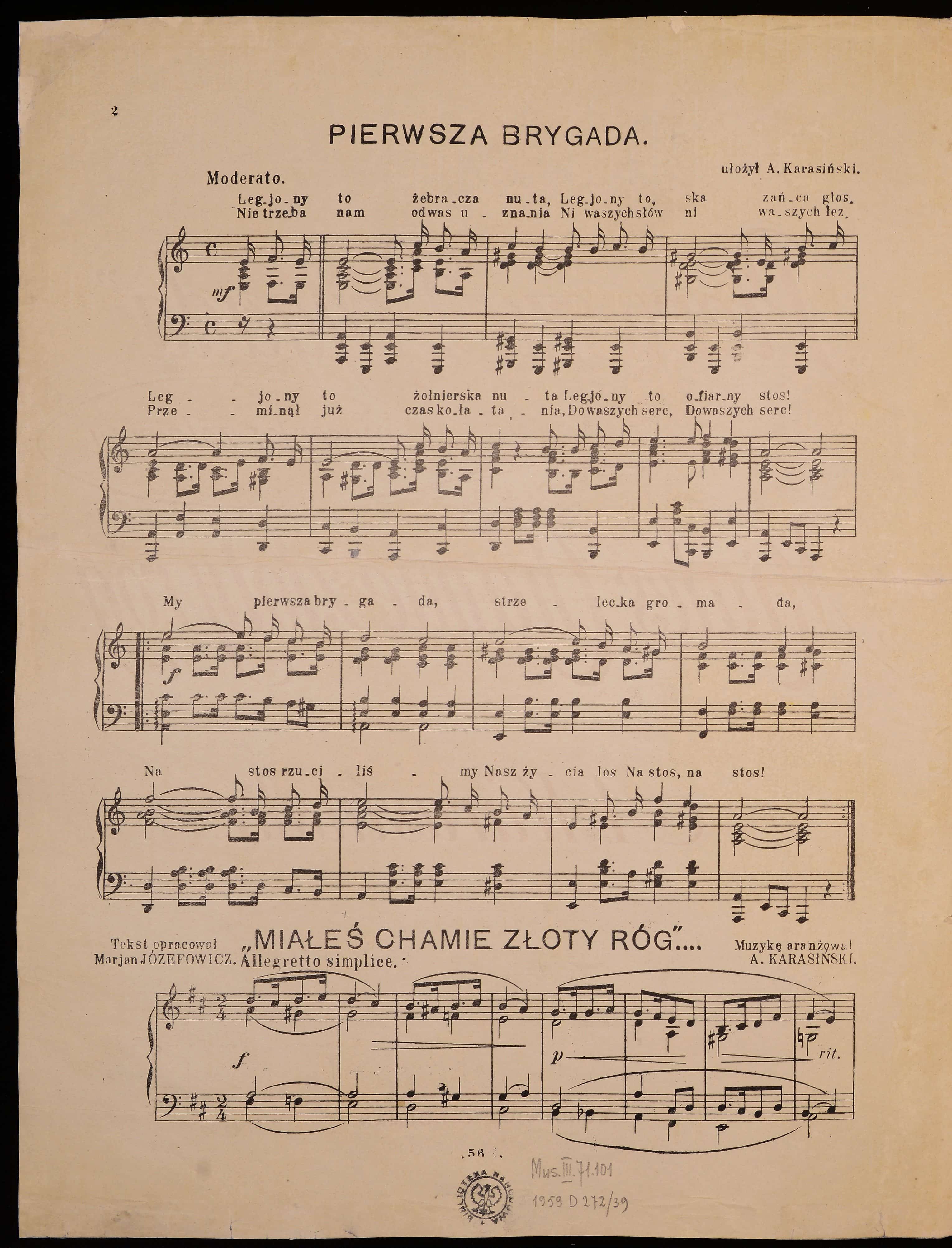 Partytura utworu „Pierwsza brygada” (ca. 1920). Źródło: Polona