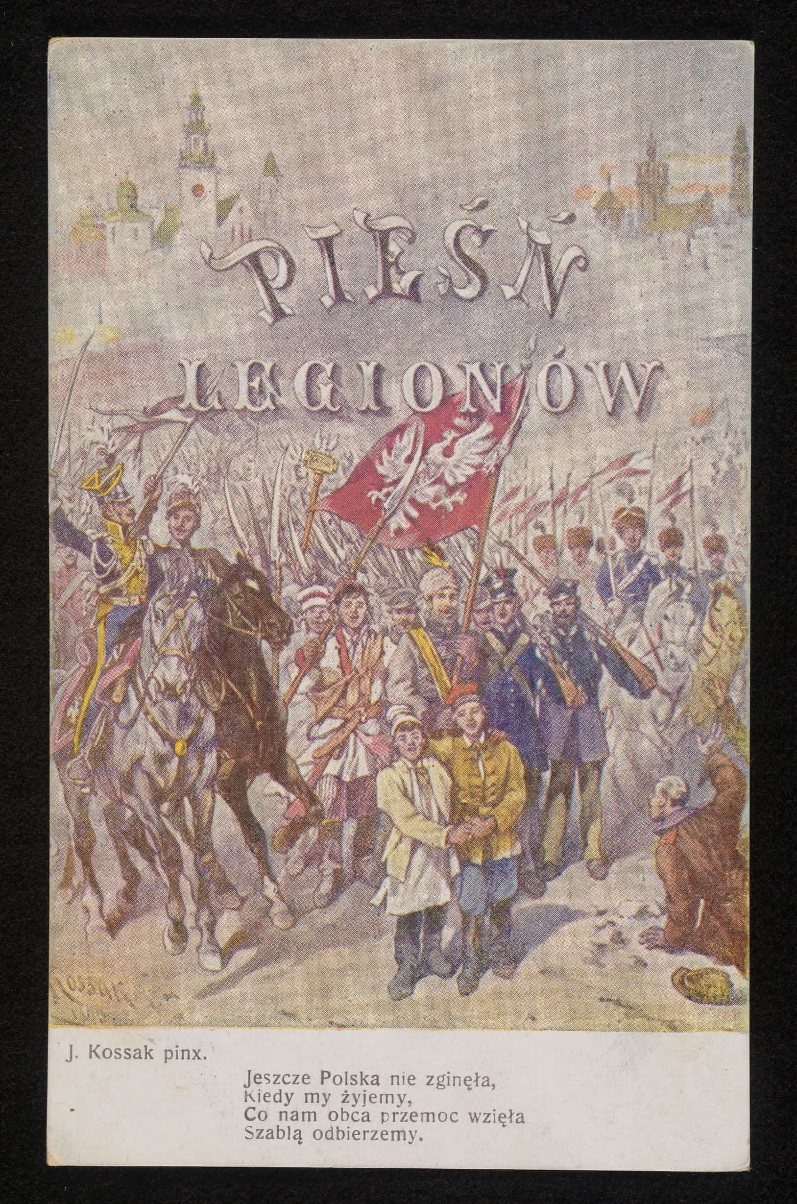 Pocztówka patriotyczna z cytatem z Mazurka Dąbrowskiego wg. Juliusza Kossaka. Źródło: Polona