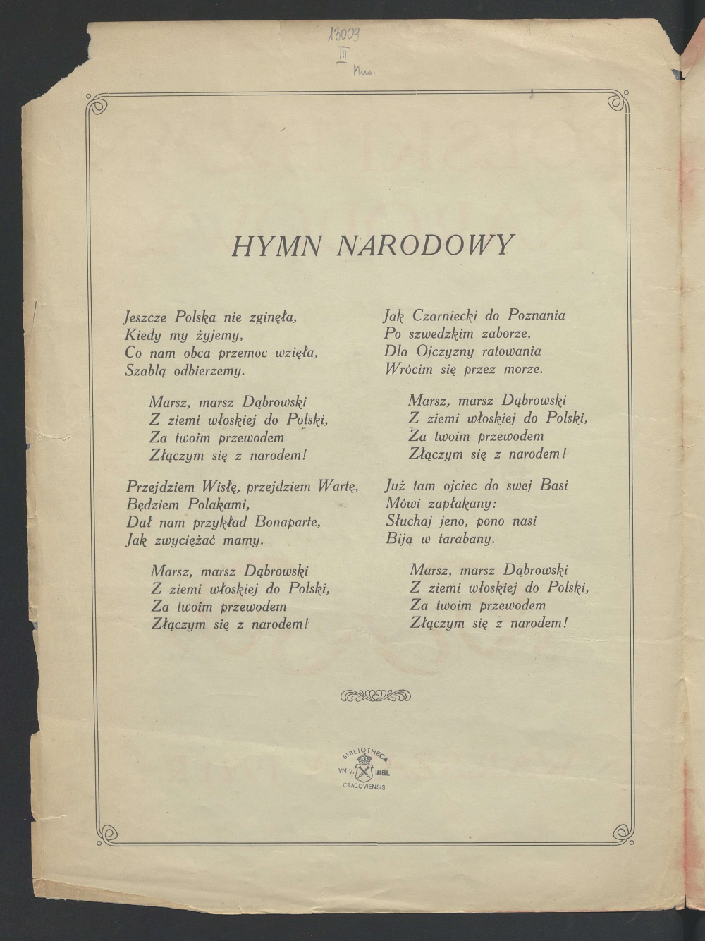 Music print “Polish national anthem” from 1921, in which the text of the piece and sheet music were published. Source: Polona