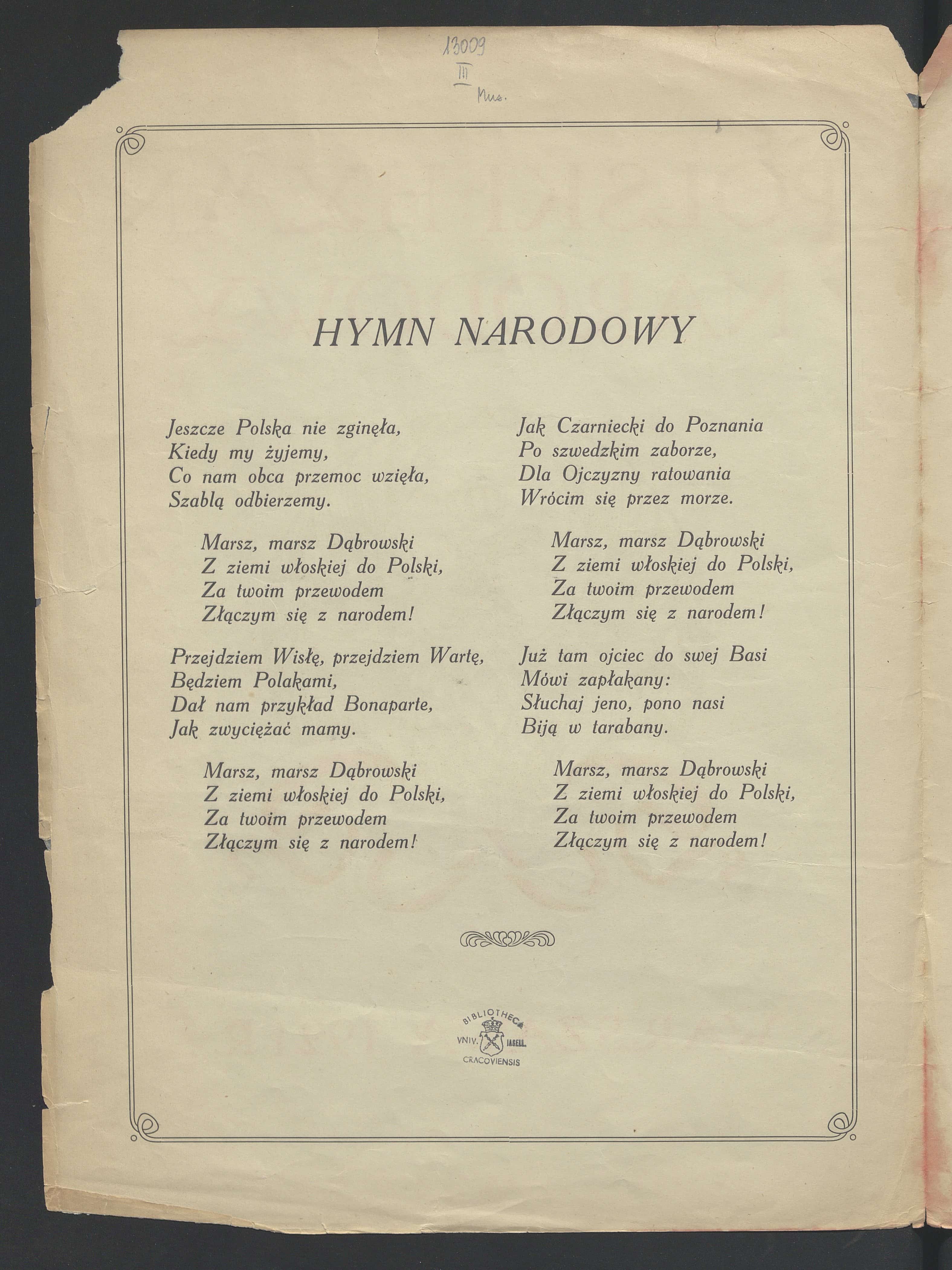 Druk muzyczny ”Polski hymn narodowy” z 1921 roku, w którym opublikowano tekst utworu oraz nuty. Źródło: Polona