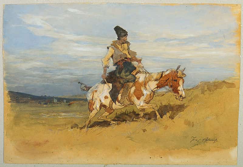 Obraz: Kozak na koniu. Mal. Brandt, Józef (1841-1915). Źródło: Cyfrowe zbiory Muzeum Narodowego w Warszawie