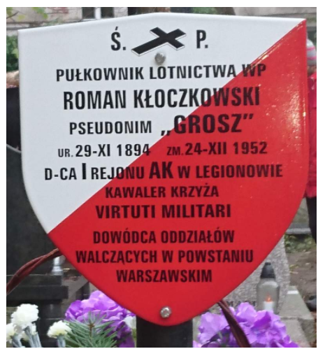 Tombstone of aviation Colonel Roman Kłoczkowski codename “Grosz”, Knight of the Silver Cross of the Virtuti Militari.