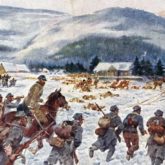 „The Battle of Rafajłowa” (refers to the battle fought on the night of 23-24 January 1915 near the village of Rafajłowa by the 2nd Brigade of the Polish Legions against the Russians). Painted by Jerzy Kossak.