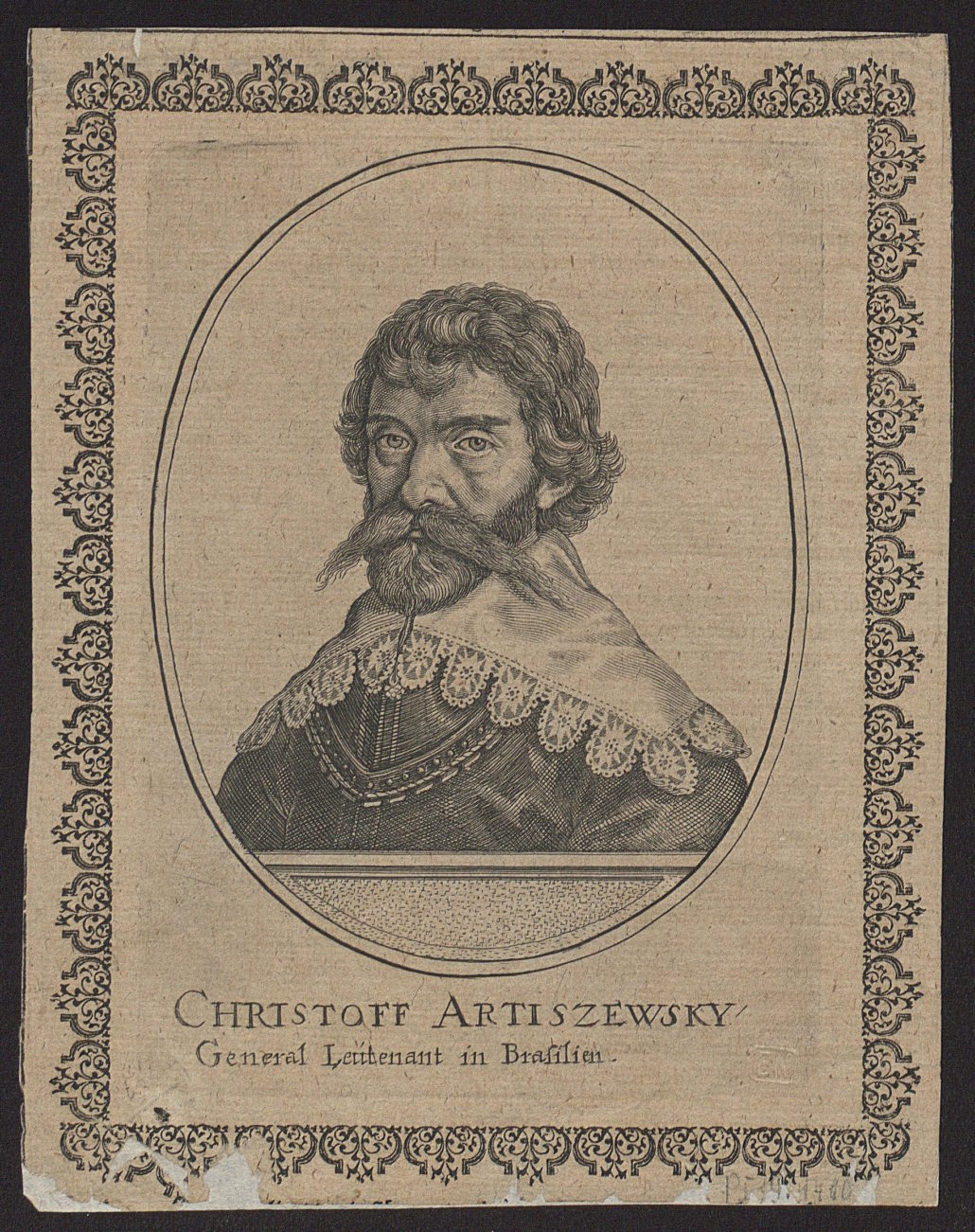 Krzysztof Arciszewski, generał lejtnant w Brazylii). Miedzioryt z 1639 roku. Źródło: Polona