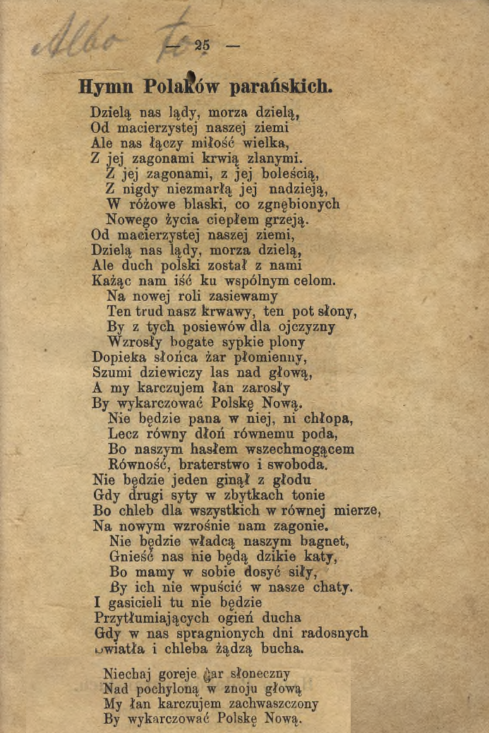 Hymn Polaków Parańskich opublikowany w kalendarzu z 1898 r. Źródło: Polonijna Biblioteka Cyfrowa 