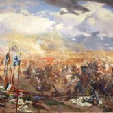 Obraz autorstwa Tadeusza Popiela i Zygmunta Rozwadowskiego - uczniów Jana Matejki. Powstał w 1910 roku dla uczczenia pięćsetnej rocznicy bitwy pod Grunwaldem. Dzieło zostało wystawione w Krakowie, skąd w roku 1939 obraz przewieziono do Muzeum Historycznego Miasta Lwowa, gdzie do dzisiaj znajduje się jego stałe miejsce ekspozycyjne. Źródło: Lietuvos nacionalinis radijas ir televizija (LRT.lt)